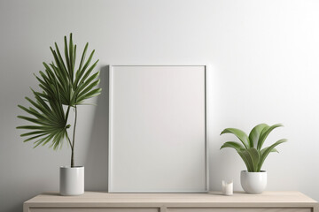 mockup of a white frame on a wooden shelf. Generative Ai