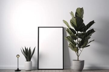 white room with a plant and a picture frame. Generative Ai