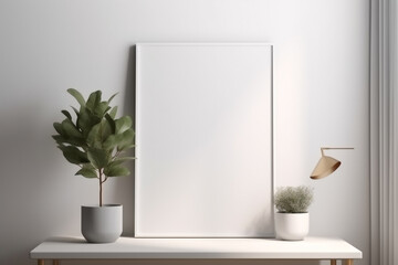 white canvas with a plant on it sits on a desk in front of a lamp. Generative Ai