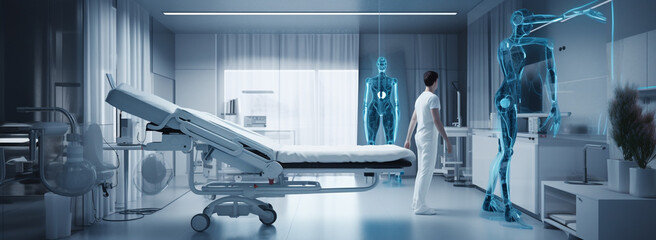 futuristic hospital room with a robot and a person. Generative Ai