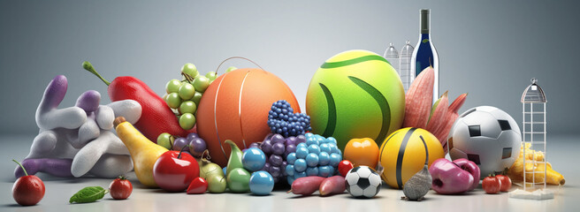 health and healthy lifestyle concept.  group of colorful fruit and vegetables on a gray background. Generative Ai