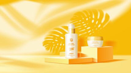 Yellow or orange podium mockup with cosmetics. Luxury cosmetics package promo composition, skincare lotion or cream presentation showcase realistic vector platform with monstera plant leaves shadow - obrazy, fototapety, plakaty