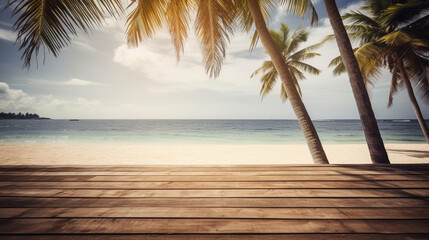 empty wooden deck with palm trees on the beach. Generative Ai