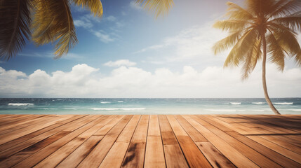 empty wooden deck overlooking the ocean. Generative Ai