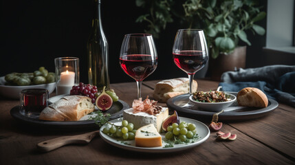 wine and cheese on a table with grapes. Generative Ai