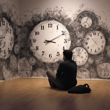 time concept. man sitting in front of a wall with clocks on it. Generative Ai