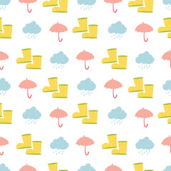 Obraz premium cute cartoon seamless vector pattern with yellow rubber boots, umbrella and raining background. Endless backdrop with rainly weather, textile fabric or wrapping paper. Decorative doodle wallpaper.