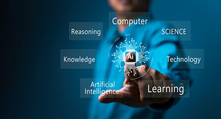 AI technology in everyday life. Technology and people concept man use AI to help work, AI Learning and Artificial Intelligence Concept. Business, modern technology, internet and networking concept.