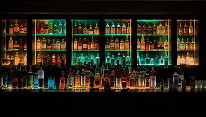 Shelf of bottles, illuminated in dark bar generated by AI - obrazy, fototapety, plakaty