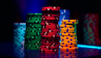 Stacks of gambling chips at casino night generated by AI