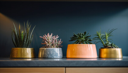 A modern indoor plant collection on wooden shelves generated by AI