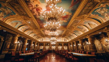 Obraz premium Luxury library with old books and chandelier generated by AI