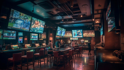 Modern nightlife club illuminates city with entertainment service generated by AI