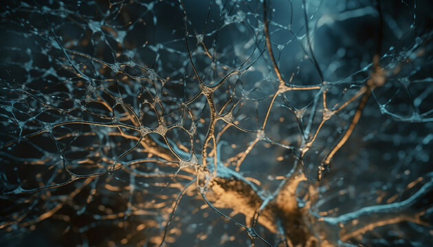 Bright synapse connection illuminates neural dendrite pattern generated by AI