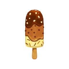 Cartoon ice cream, popsicle, eskimo bar with nuts and sprinkles. Vector sweet creamy dessert, icecream on stick with chocolate, vanilla and cocoa glaze. Dairy product, summer food isolated snack