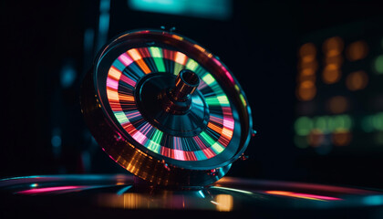 Glowing nightclub stage, spinning turntable, defocused spotlight generated by AI