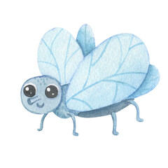 Cute smiling character fly isolated on white background. Funny insect for children. Watercolor cartoon illustration