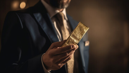 Naklejka premium Successful businessman holding shiny gold currency in hand generated by AI