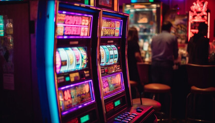 Nightclub neon lights illuminate gambling addiction risk generated by AI