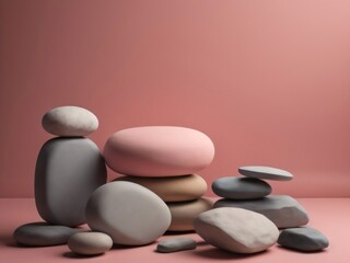 A beautiful pink background, empty space for product presentation or copy space with stones, soothing pastel pink color. Generative AI.