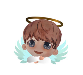 Portrait of a cute angel smiling wearing a white tunic, with light blue wings