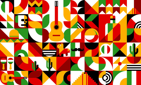 Mexican bauhaus modern geometric pattern. Vector motif, background with simple geometric shapes of skull, chili pepper, cactus, tequila and sombrero. Guitar, maracas, flag and pinata modern ornament