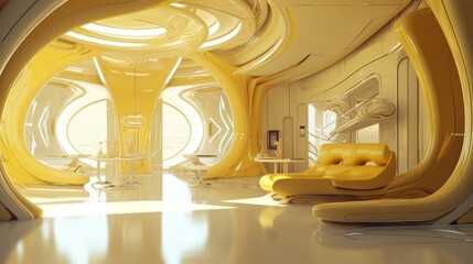 Golden Ambiance: A Futuristic Interior Design with Shiny Walls and Bionic Elements, Award-winning Decoration, and Luxurious Golden Accents, Generative AI