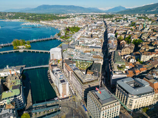 Aerial photograph of Geneva, Geneva city view to the lake. Taken above the old town.