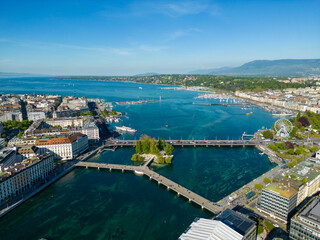 Aerial photograph of Geneva, Geneva city view to the lake. Taken above the old town.
