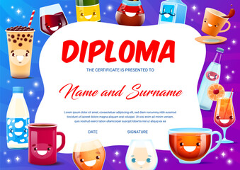 Sommelier or bartender diploma. Cartoon drink and cocktail characters. Restaurant worker diploma, education achievement vector diploma with wine, beer, cocktail, coffee and tea, milk cute personage
