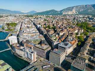 Aerial photograph of Geneva, Geneva city view to the lake. Taken above the old town.
