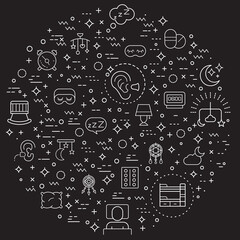 Simple Set of sleep and sound Related Vector Line Illustration. Contains such Icons as insomnia, bed, time, zzz, moon, cloud, alarm, clock, pillows and Other Elements. 