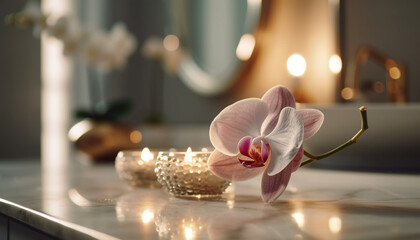 Elegant orchid illuminates modern luxury home interior generated by AI