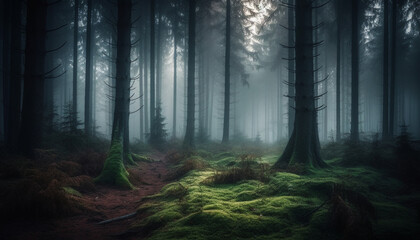 Obraz premium Mysterious forest, dark and spooky, with fog generated by AI