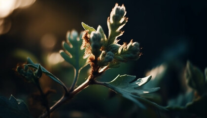 Vibrant green leaf in soft sunlight glow generated by AI