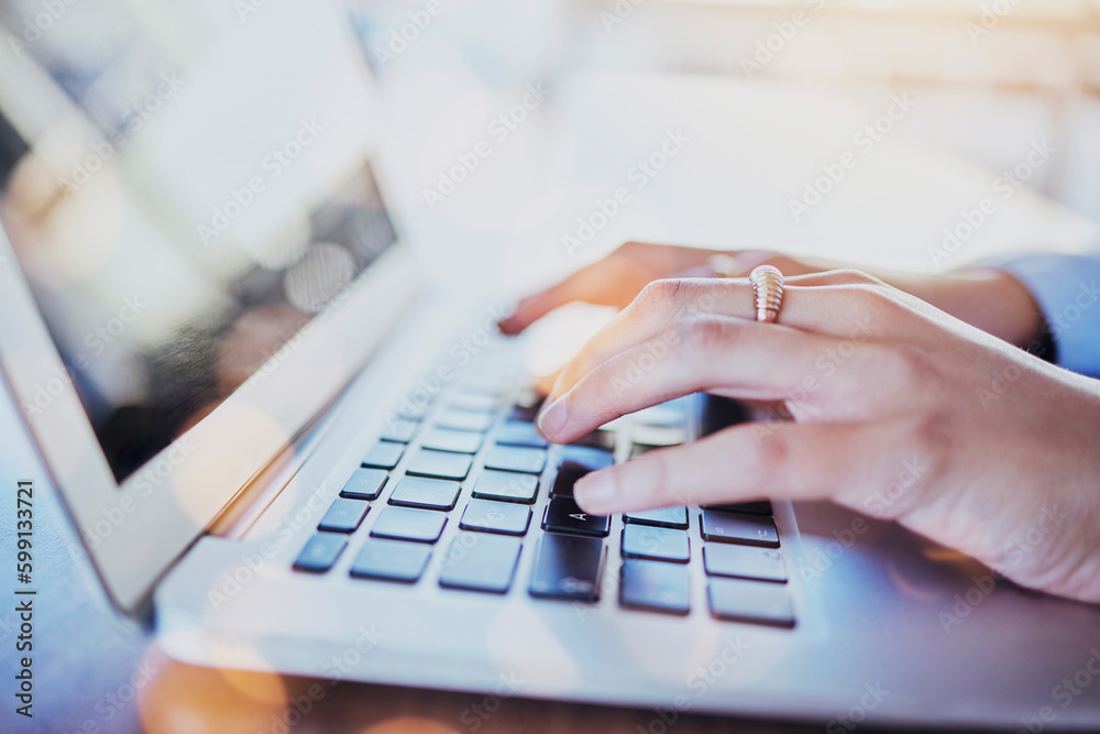Wall mural hands, laptop and keyboard with person typing or writing article on computer or on the internet for 