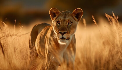 Fototapeta premium Majestic lioness walking in African wilderness area generated by AI