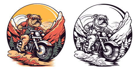 a bulldog on a motorcycle, riding through a scenic mountain road.Illustration of T-shirt design graphic.