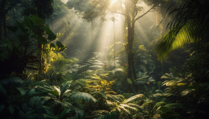 Tropical rainforest beauty in nature, mysterious fog generated by AI