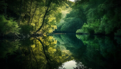 Fototapeta premium Tranquil scene of reflection in forest pond generated by AI