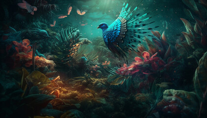 Majestic peacock swimming in vibrant coral reef generated by AI