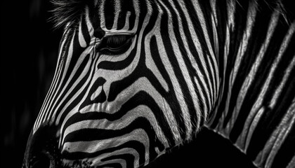 Obraz na płótnie Canvas Striped zebra monochrome beauty in close up portrait generated by AI