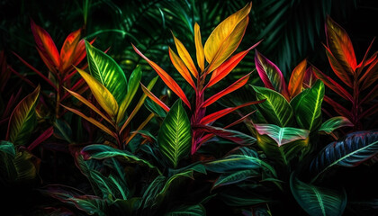 Vibrant green leaves adorn tropical rainforest backdrop generated by AI