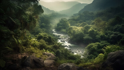 Green leaves flow in tranquil tropical ravine generated by AI
