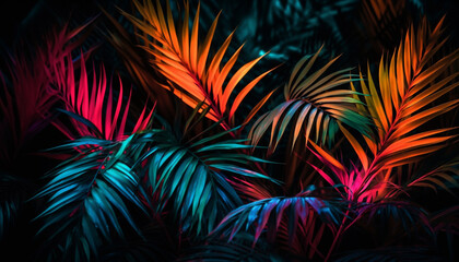 Obraz na płótnie Canvas Vibrant tropical palm tree illuminated at dusk generated by AI