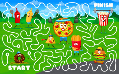 Labyrinth maze game. Cartoon fast food characters on sport vacation. Find way quiz vector worksheet with ketchup and mustard, donut, nacho, pizza and french fries, hamburger cute personage on fitness