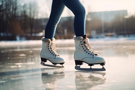 White Skates Skater Ice Skating On Ice Backdrop Generative AI