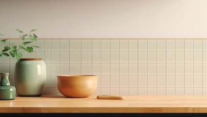 Fototapeta na wymiar Minimal cozy counter mockup design for product presentation background. Branding in Japan style with wood top green counter and warm white wall with vase plant ceramic mug. generative ai variation 7