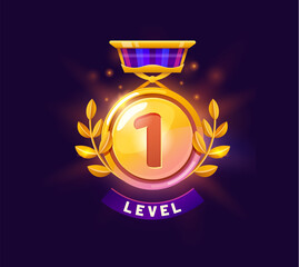 Game level up badge and win icon. Arcade success rank sign, game task complete winner or casino level up celebration vector symbol. Gaming victory prize, first place golden medal with laurel wreath - obrazy, fototapety, plakaty