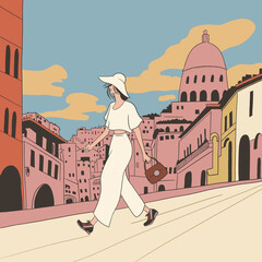 A young woman in a white suit enjoys a walk in an old European city on a sunny day.